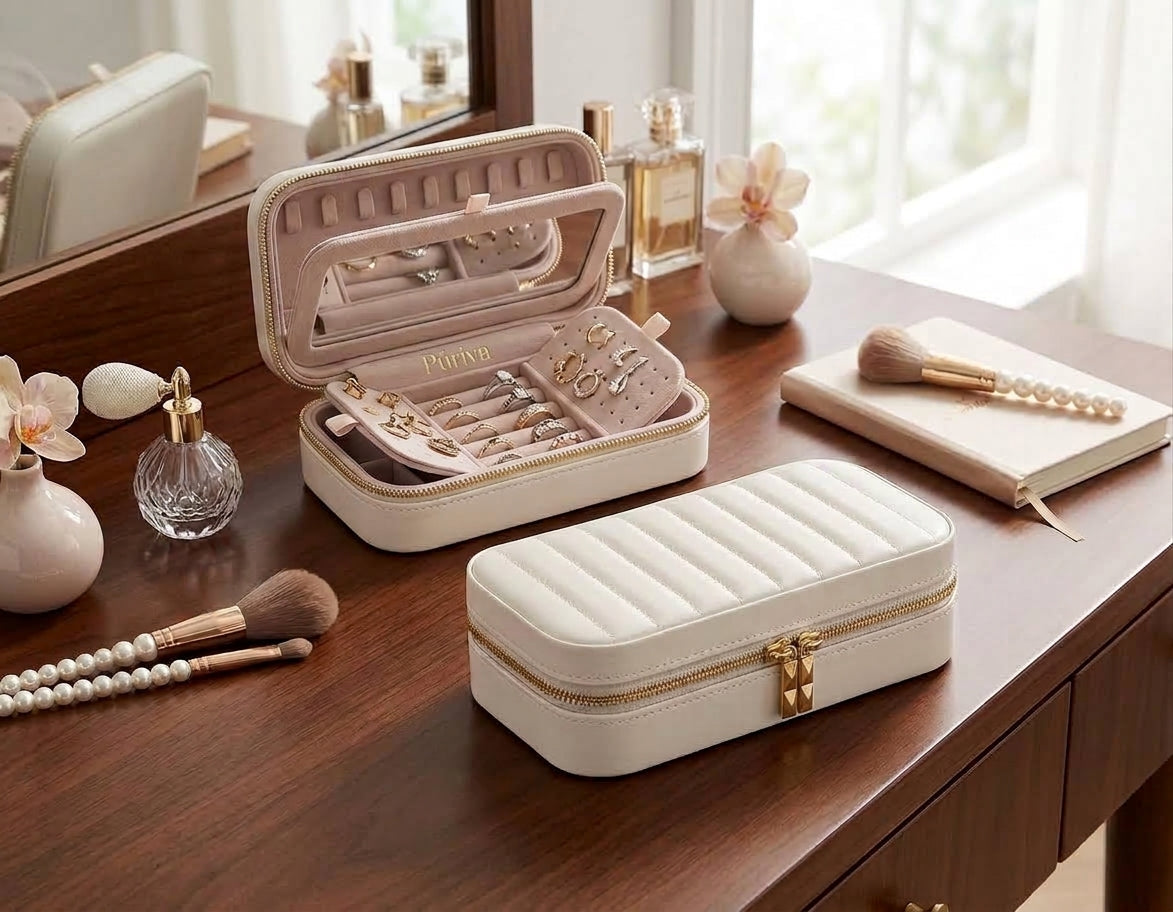 PÚRIVA JewelNest™ Velvet-Lined Travel Jewellery Box with Mirror