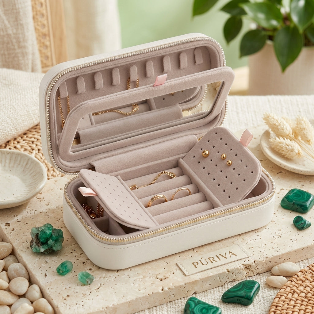 PÚRIVA JewelNest™ Velvet-Lined Travel Jewellery Box with Mirror