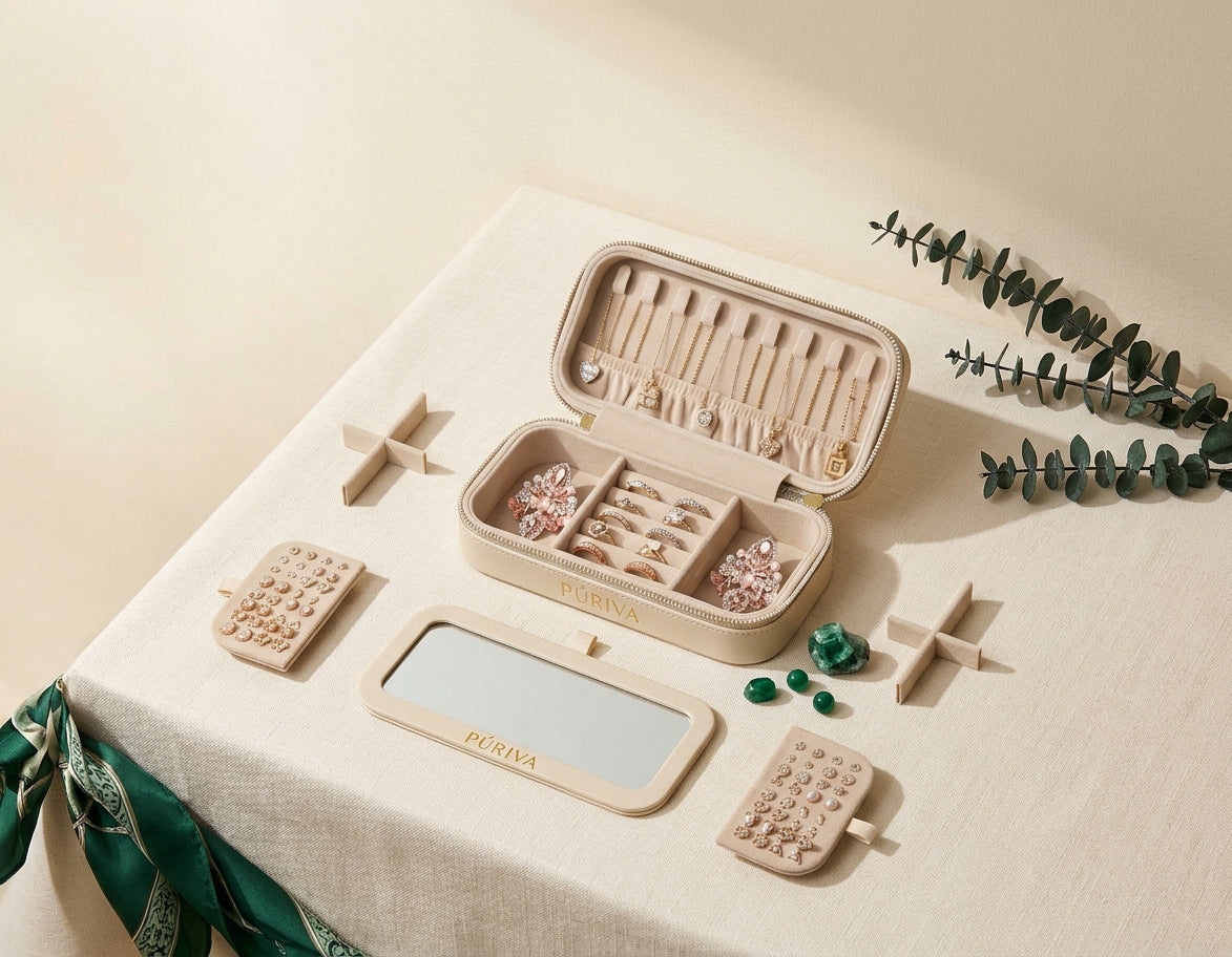 PÚRIVA JewelNest™ Velvet-Lined Travel Jewellery Box with Mirror